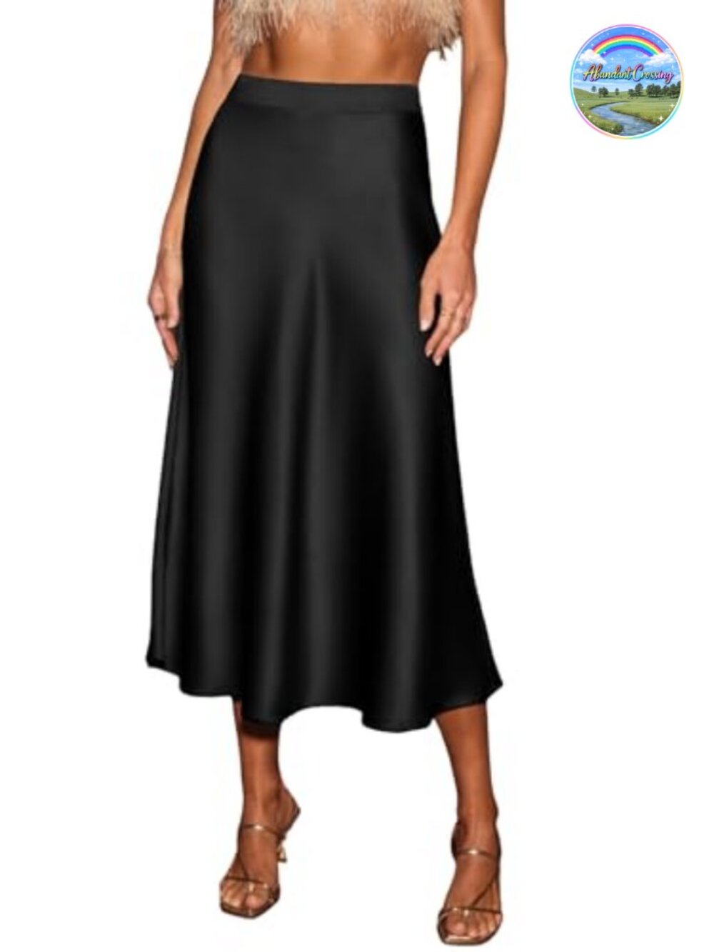 Satin A-Line Midi Skirt High Waist Flowy Party Casual